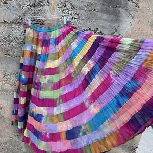 Vintage Denim 24/7 Maxi Skirt Patchwork Festival Full Rainbow Tie Dye Sz Med